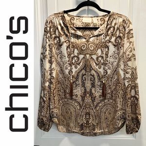 Chico’s Beautiful Brown & White Paisley Print Tunic Top with Tie Tassels. Size 0